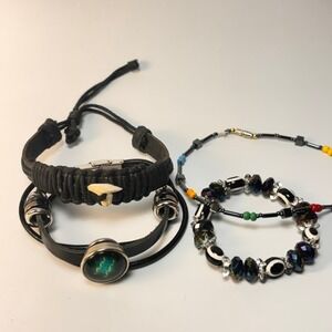 Bracelet Set Black Leather Cord Beaded Shark Tooth Zodiac 4pc